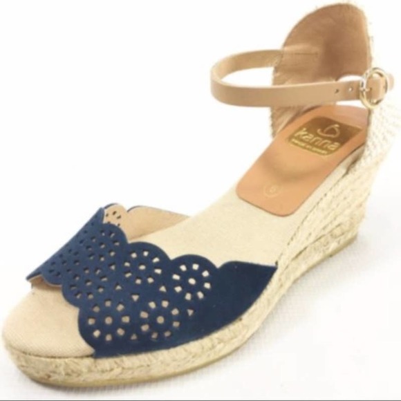 kanna Shoes - Kanna Espadrille Wedges 9.5 Ankle Strap Blue Suede Perforated Open Toe Sandals